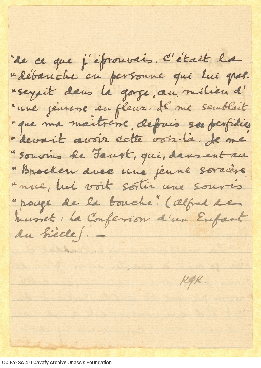 Handwritten Greek text and quote in French on both sides of a ruled piece of paper. The underlined title "Faust" in pencil