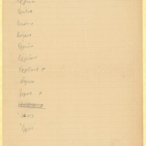 Handwritten list of ancient Greek names on the first page of a bifolio. Handwritten notes in English on the last page, inc