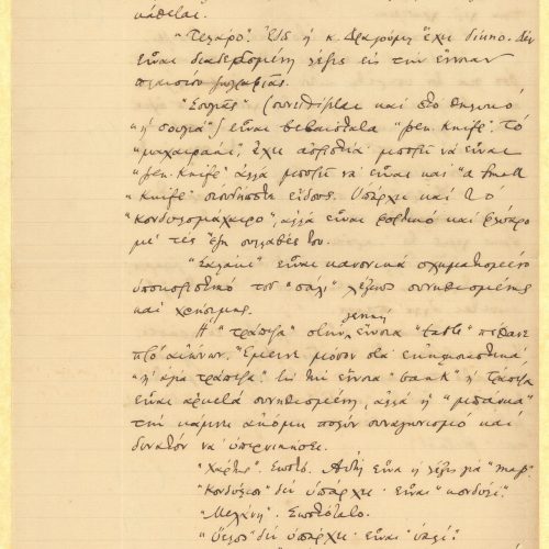 Handwritten prose text written on one sheet, with linguistic remarks and comments on specific words; endnotes in four piec