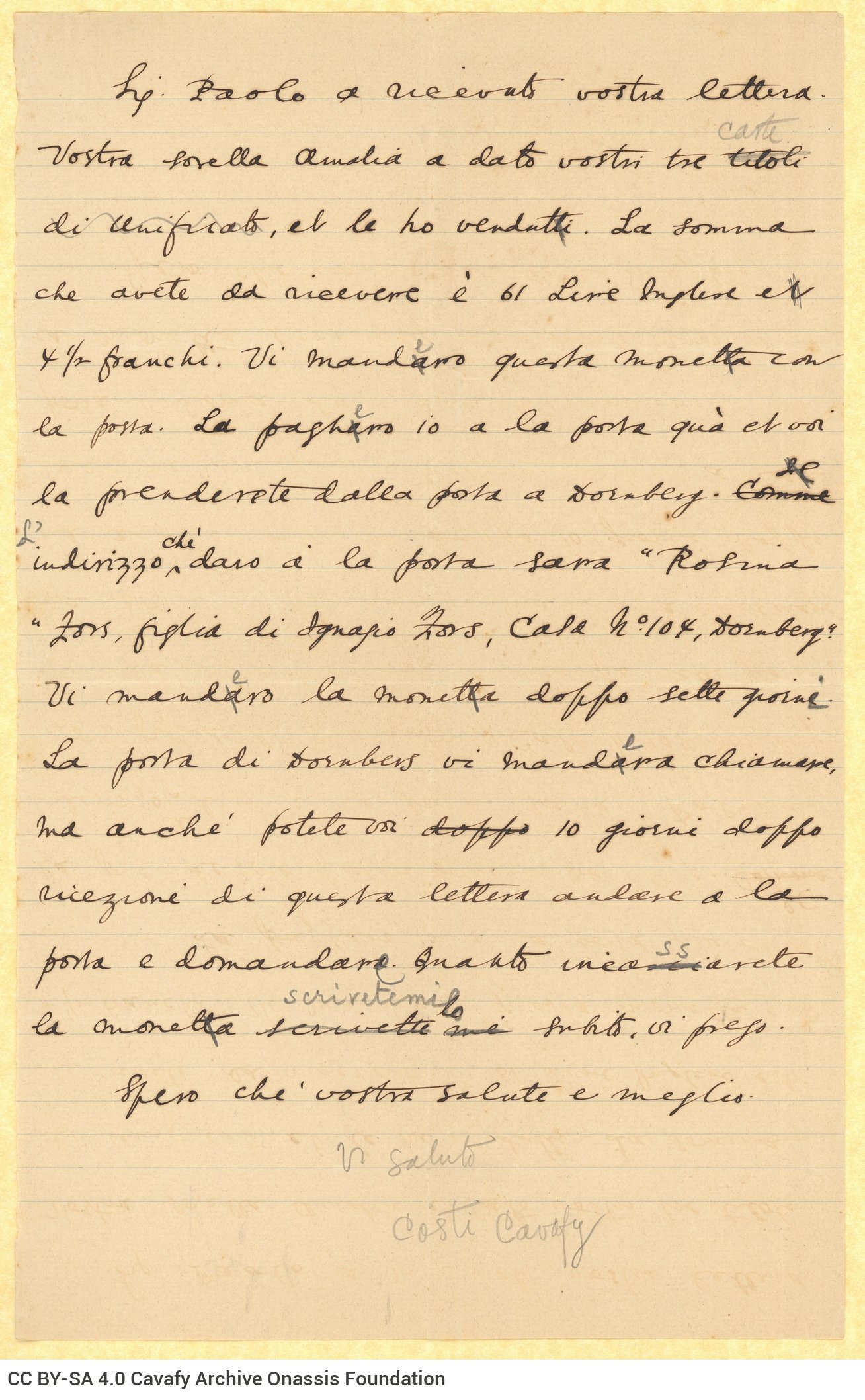 Handwritten draft letter by Cavafy to Rosina Fors on one side of a ruled sheet and on one side of a piece of paper. The text 