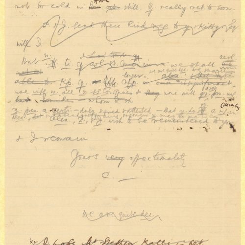 Handwritten draft letter by Cavafy to Maria (Marigo) Cavafy on a sheet, a double sheet notepaper and a piece of paper. At the