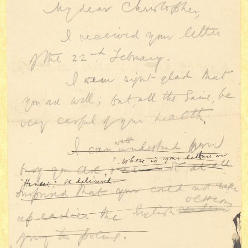Handwritten draft letter (possibly fragmentary) by Cavafy to a recipient named Christopher (probably Scaife) on both sides of