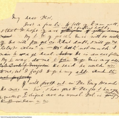 Handwritten draft letter by Cavafy on one side of a piece of paper. The recipient, who appears to be in Paris, is addressed a