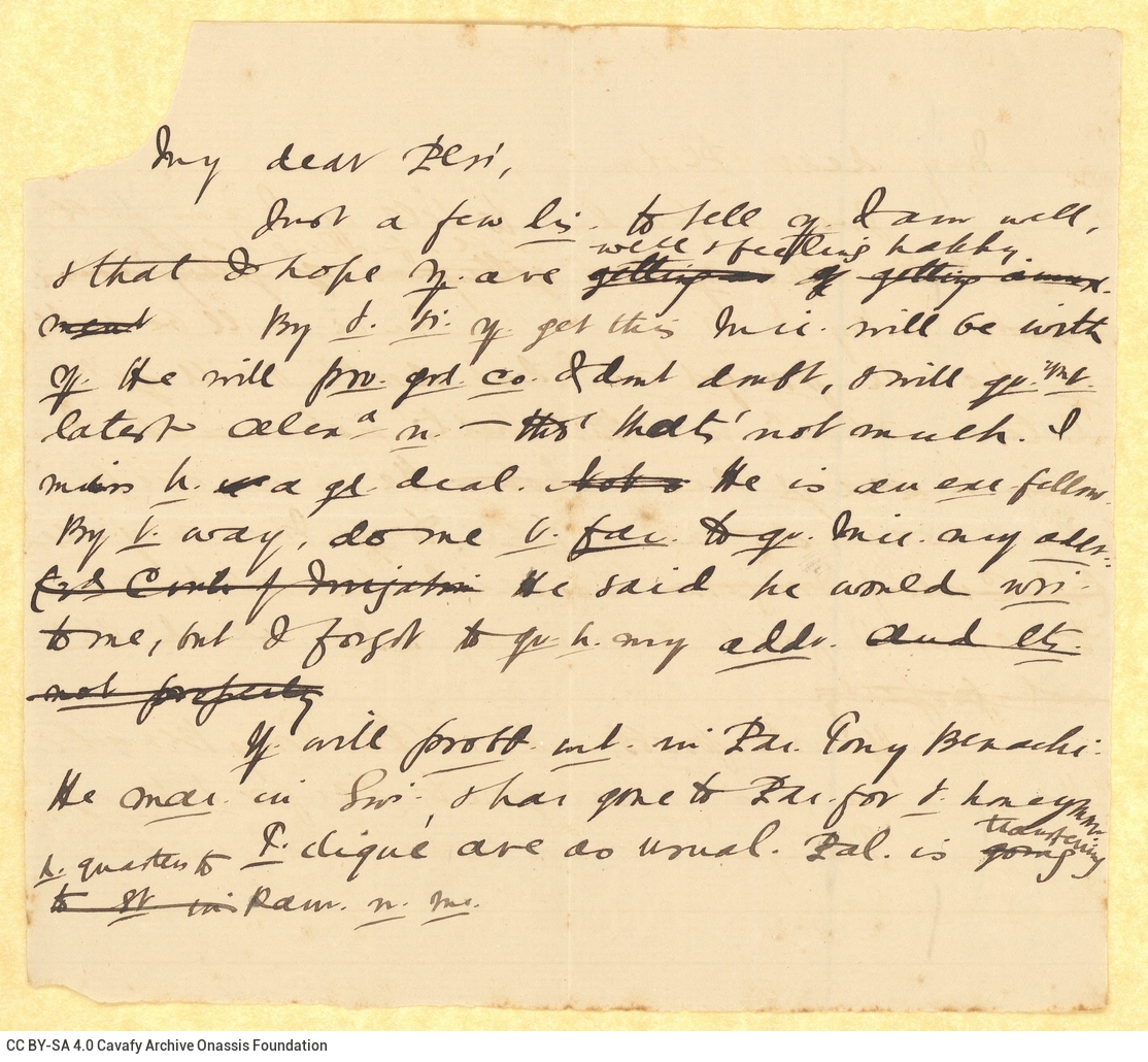 Handwritten draft letter by Cavafy on one side of a piece of paper. The recipient, who appears to be in Paris, is addressed a