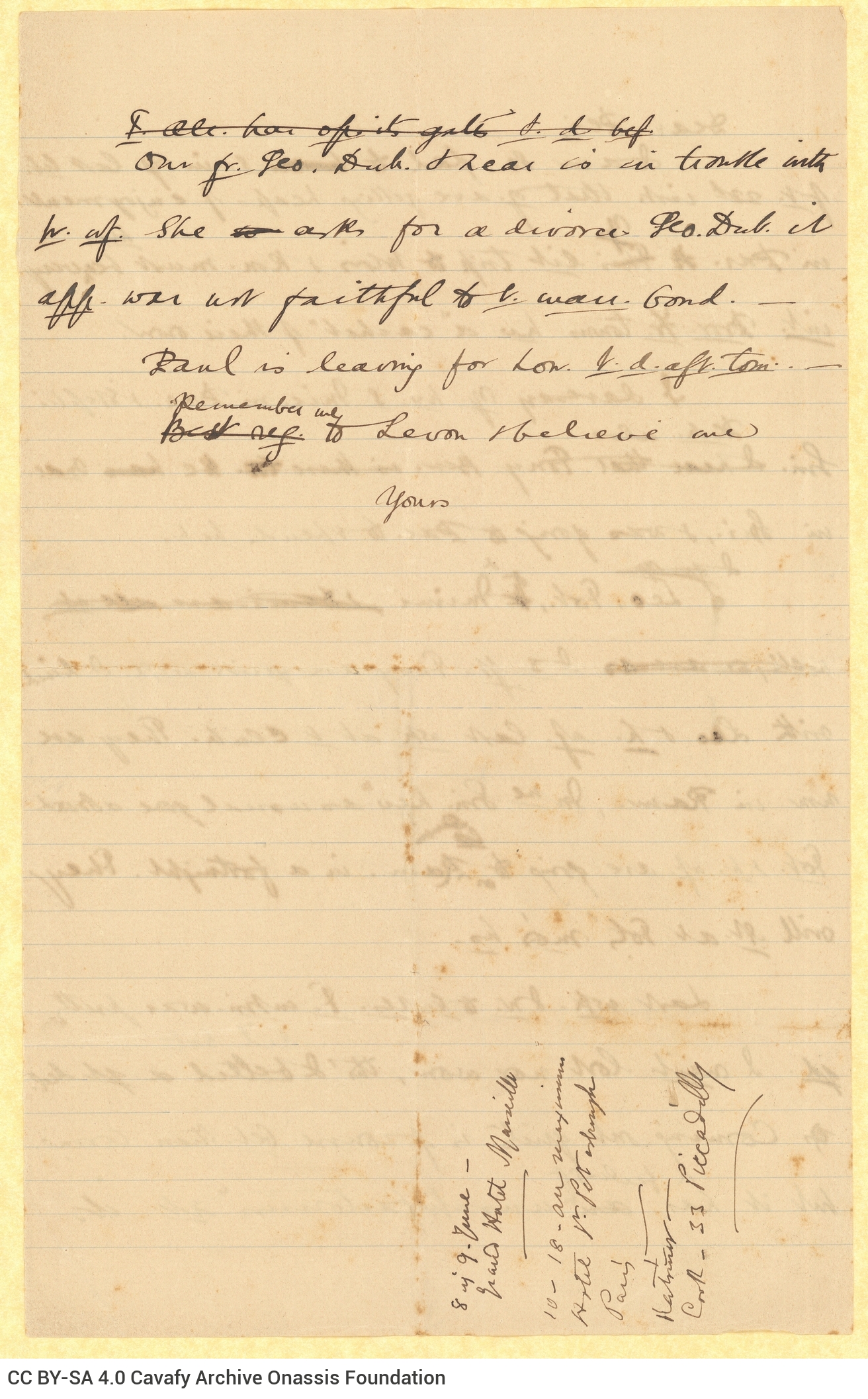 Handwritten draft letter to a recipient addressed as "Peri" (most probably Pericles Anastasiadis), who is in Paris, on both s