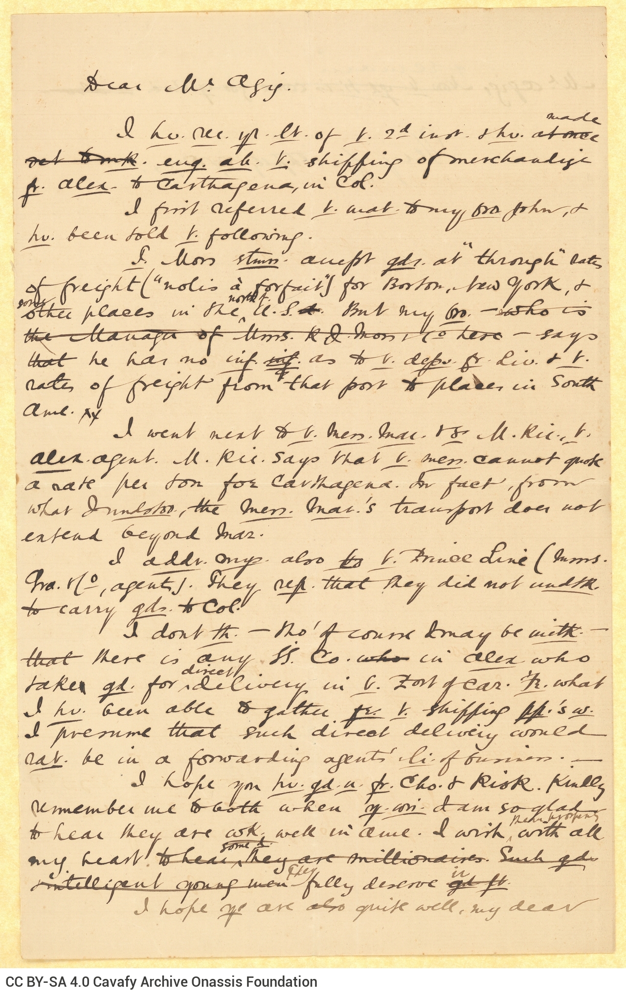Handwritten draft letter by Cavafy to a recipient named Aziz, on two sheets. Information on the despatch of merchandise and t