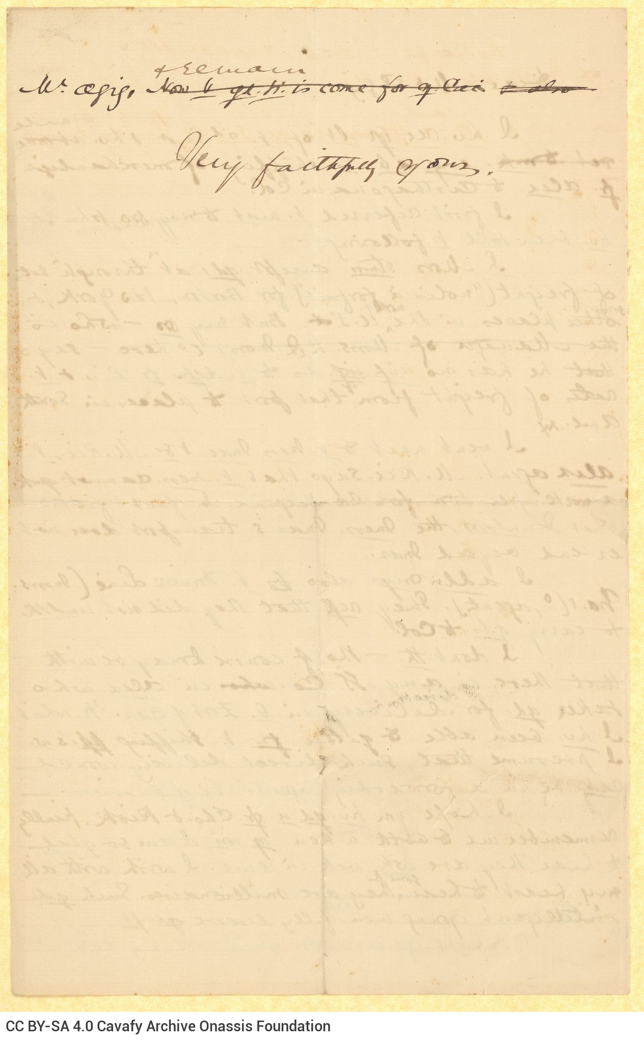 Χειρόγραφο σχέδιο επιστολής του Καβάφη προς παραλήπτη με το όνομα Azi