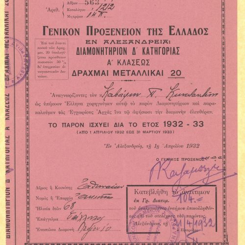 Printed permit of stay for Cavafy, issued by the Consulate General of Greece in Alexandria; category D, class A, value: 20
