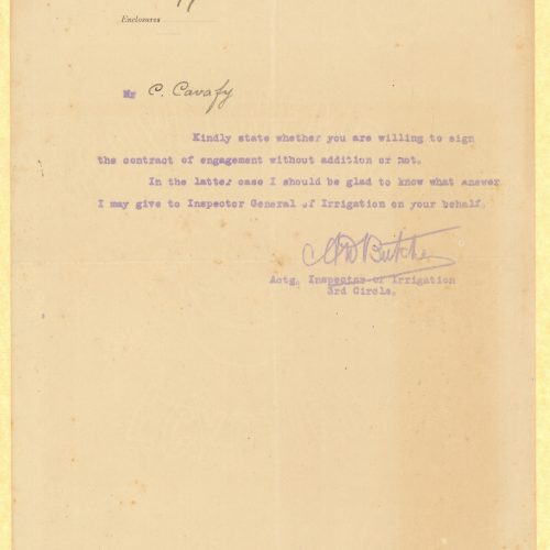 Polygraphed copy of a typewritten official letter to Cavafy, regarding the signing of an employment contract with the Irri