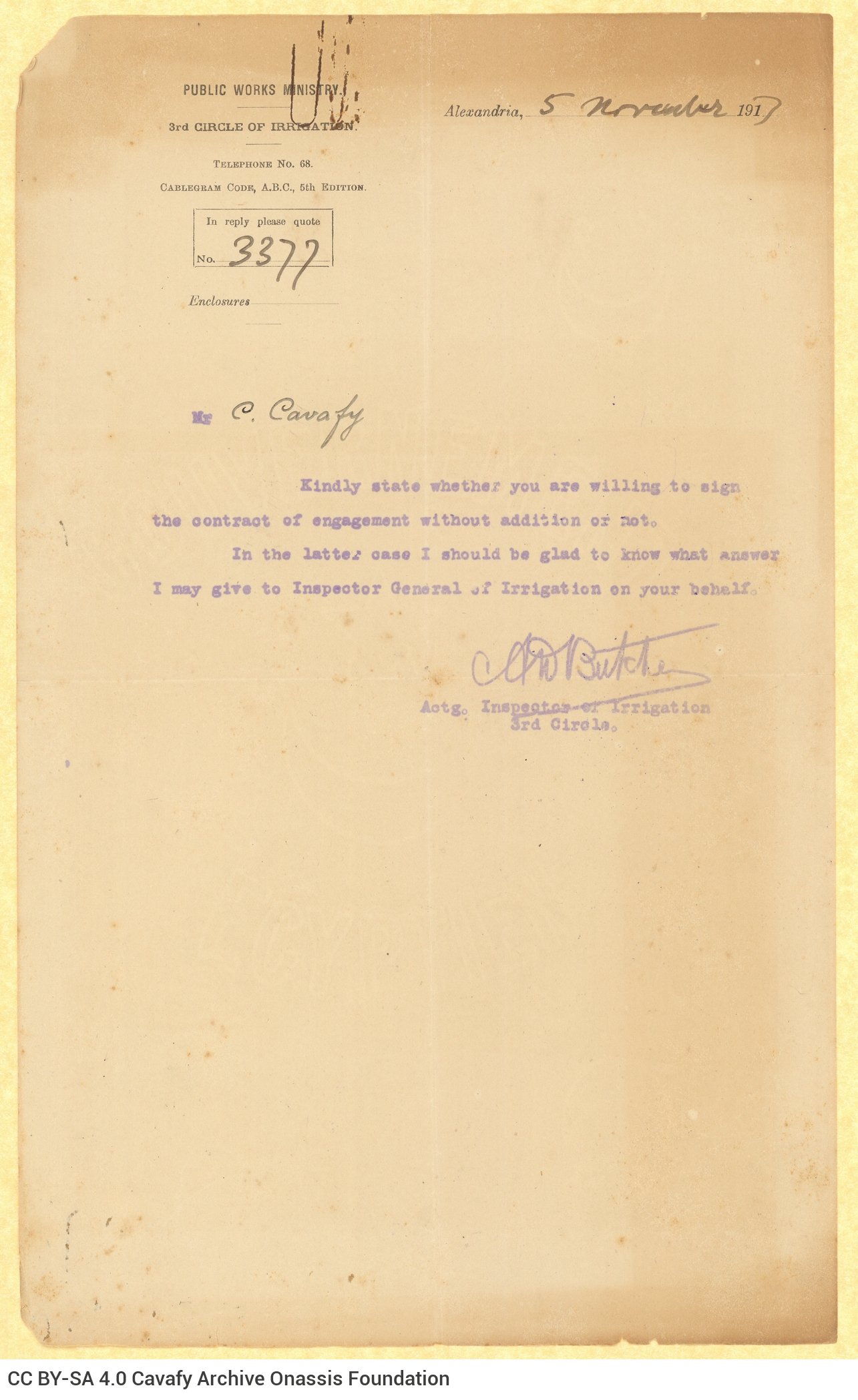 Polygraphed copy of a typewritten official letter to Cavafy, regarding the signing of an employment contract with the Irri