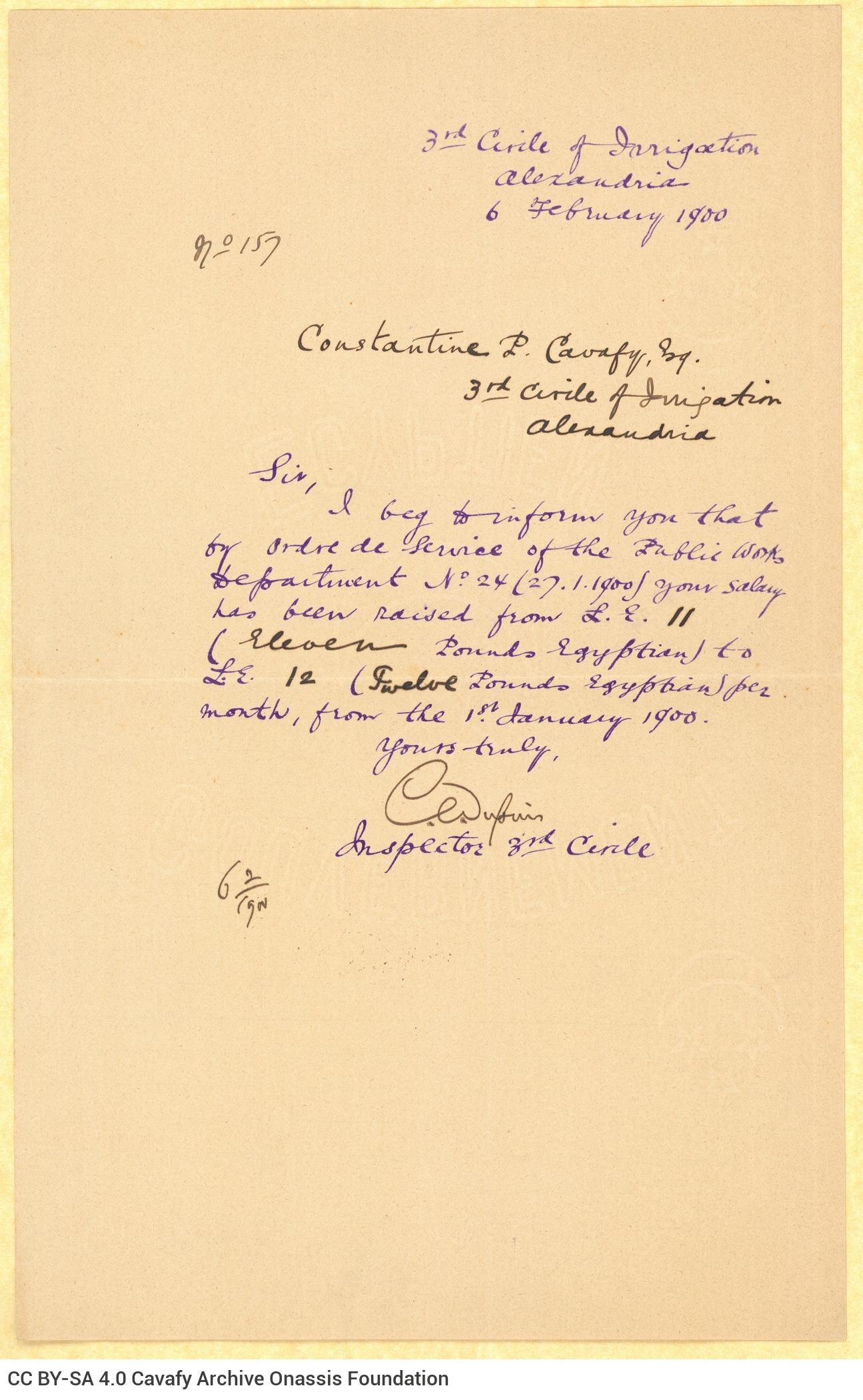 Handwritten copy of a letter on the first page of a double sheet notepaper. It is signed by the Inspector of the 3rd Circl