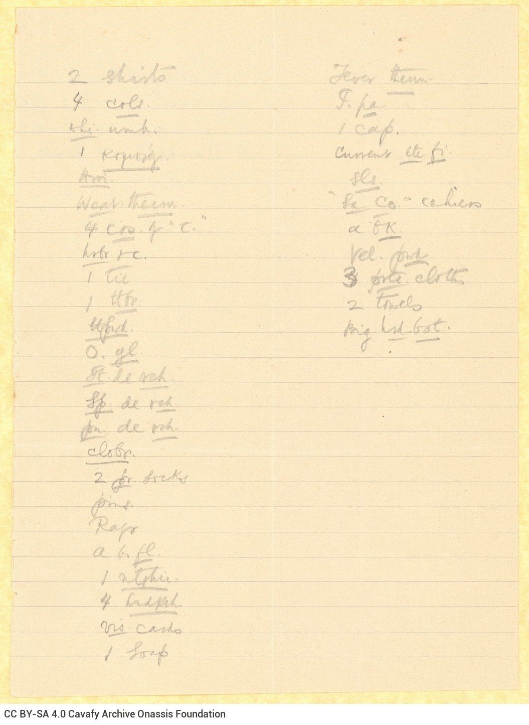 Χειρόγραφος κατάλογος ενδυμάτων (πουκάμισα, γραβάτα κλπ.) και προσ�