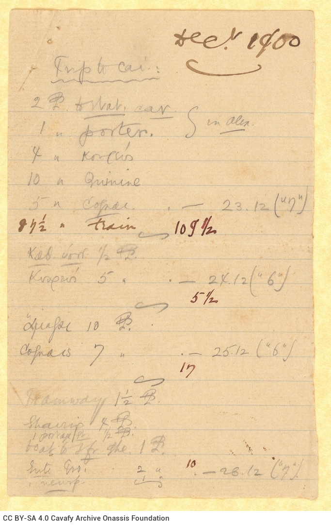 Handwritten list of expenses on the recto of two pieces of paper. The versos of both are blank. Expenses during a trip to 
