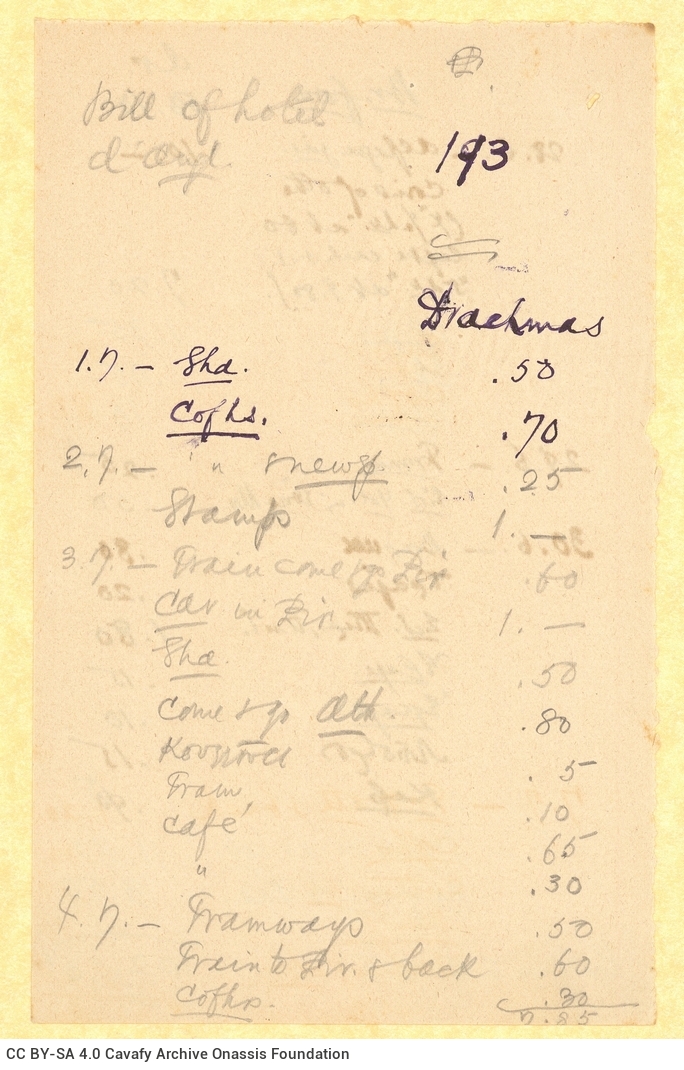 Χειρόγραφος κατάλογος εξόδων σε δραχμές, αποτελούμενος από 14 κομμ�