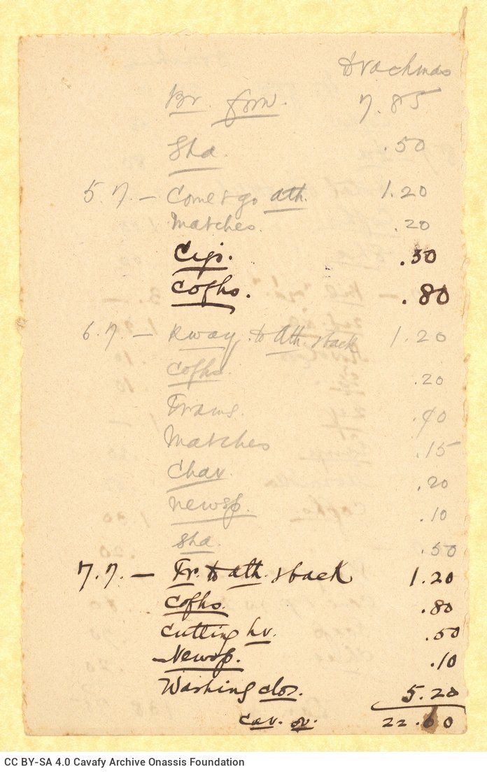 Handwritten list of expenses in drachmas, comprising 14 pieces of paper originally bound with a paperclip thus forming a h