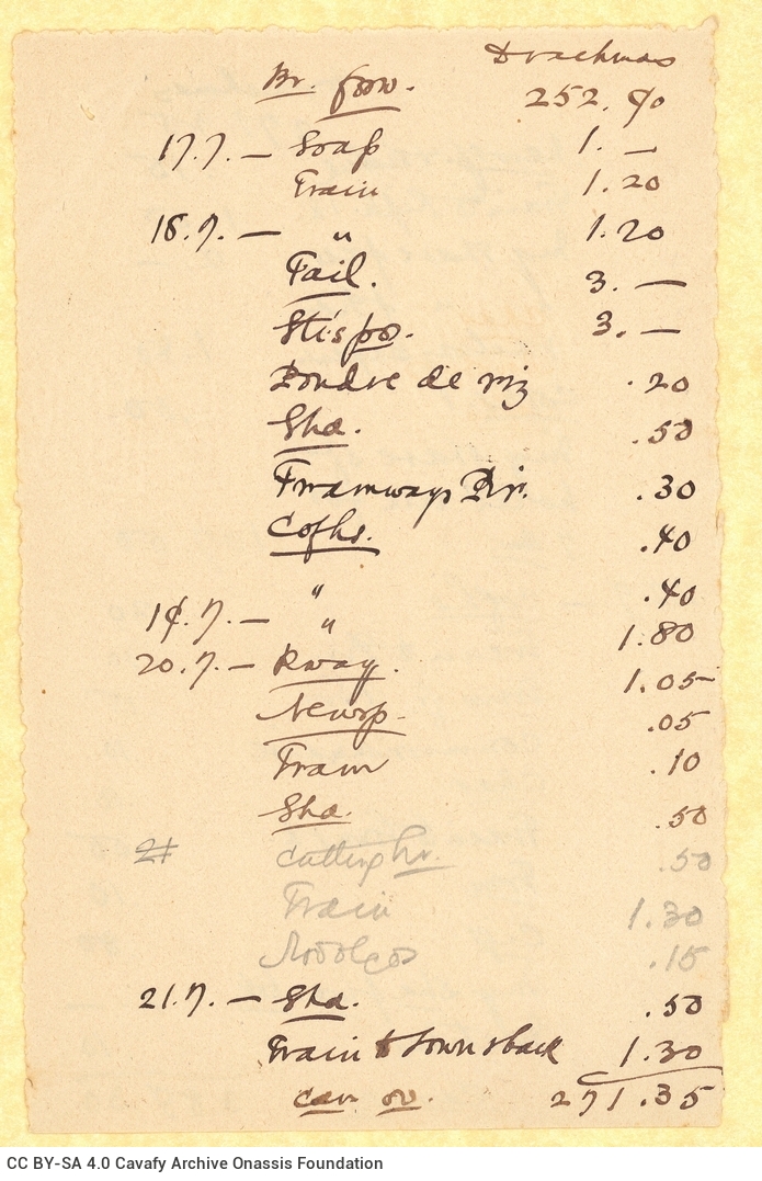 Handwritten list of expenses in drachmas, comprising 14 pieces of paper originally bound with a paperclip thus forming a h
