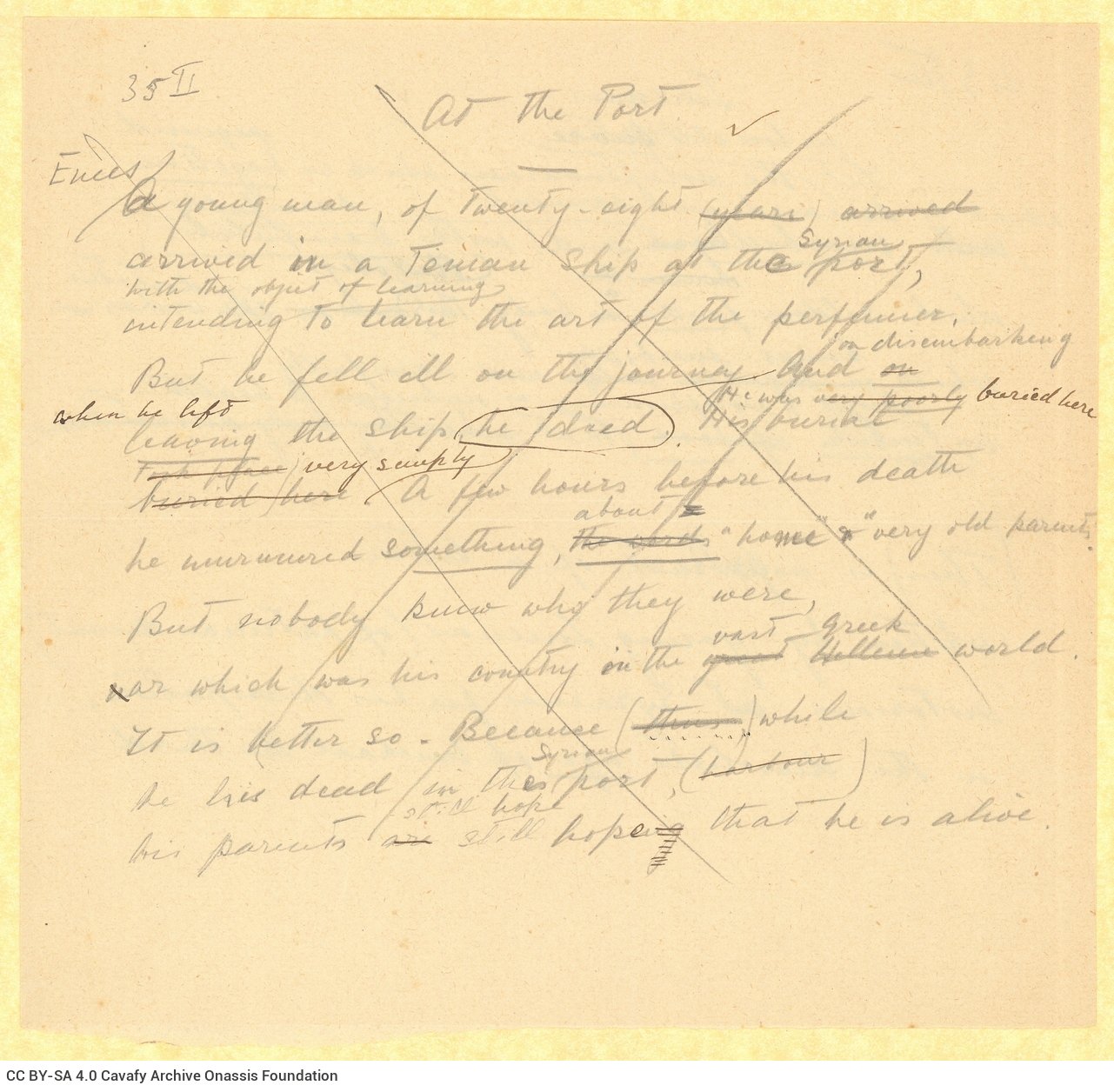 Handwritten translations into English of two of Cavafy's poems by G. A. Valassopoulo on both sides of a sheet. On one side