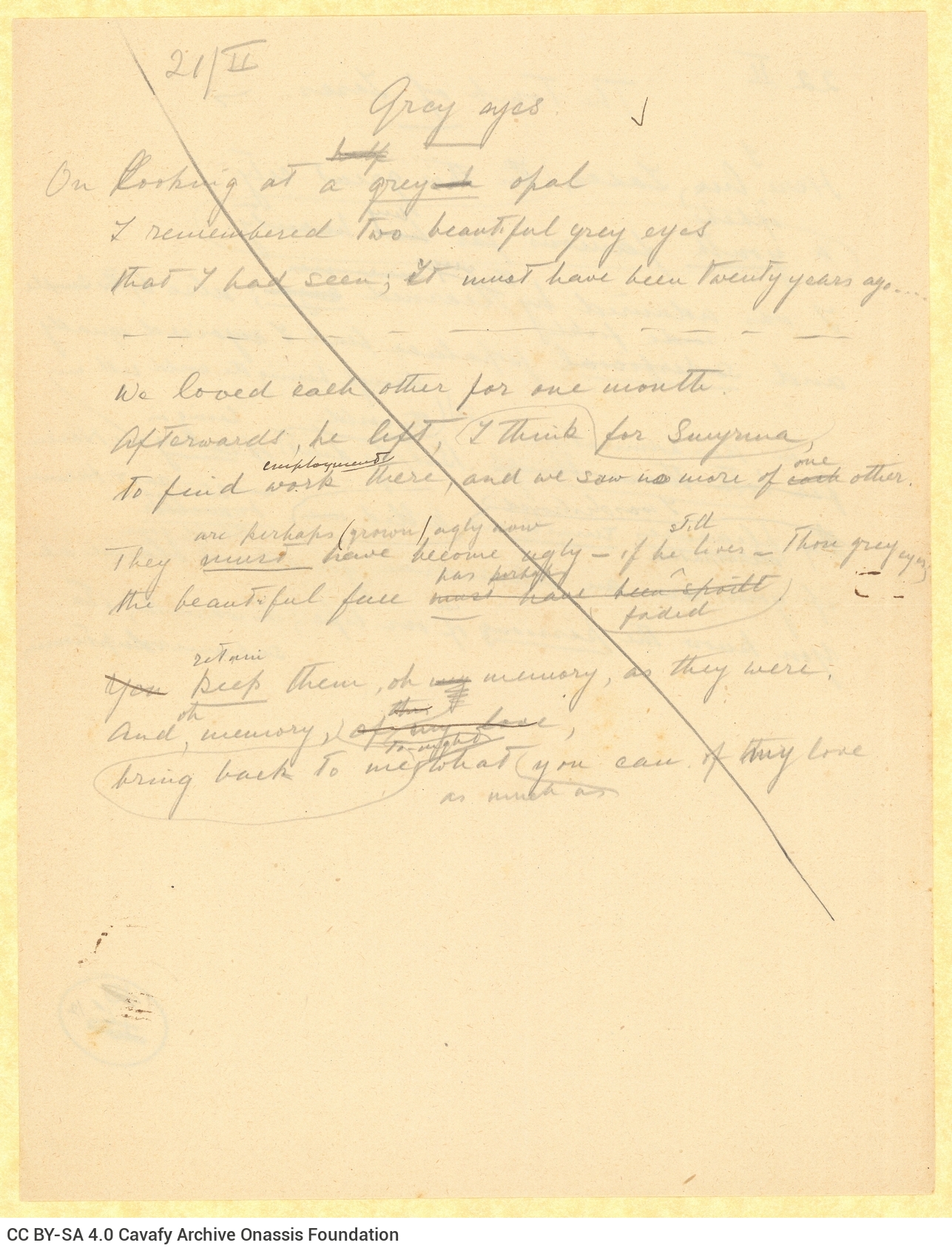 Handwritten translations into English of two of Cavafy's poems by G. A. Valassopoulo on both sides of a sheet. The crossed