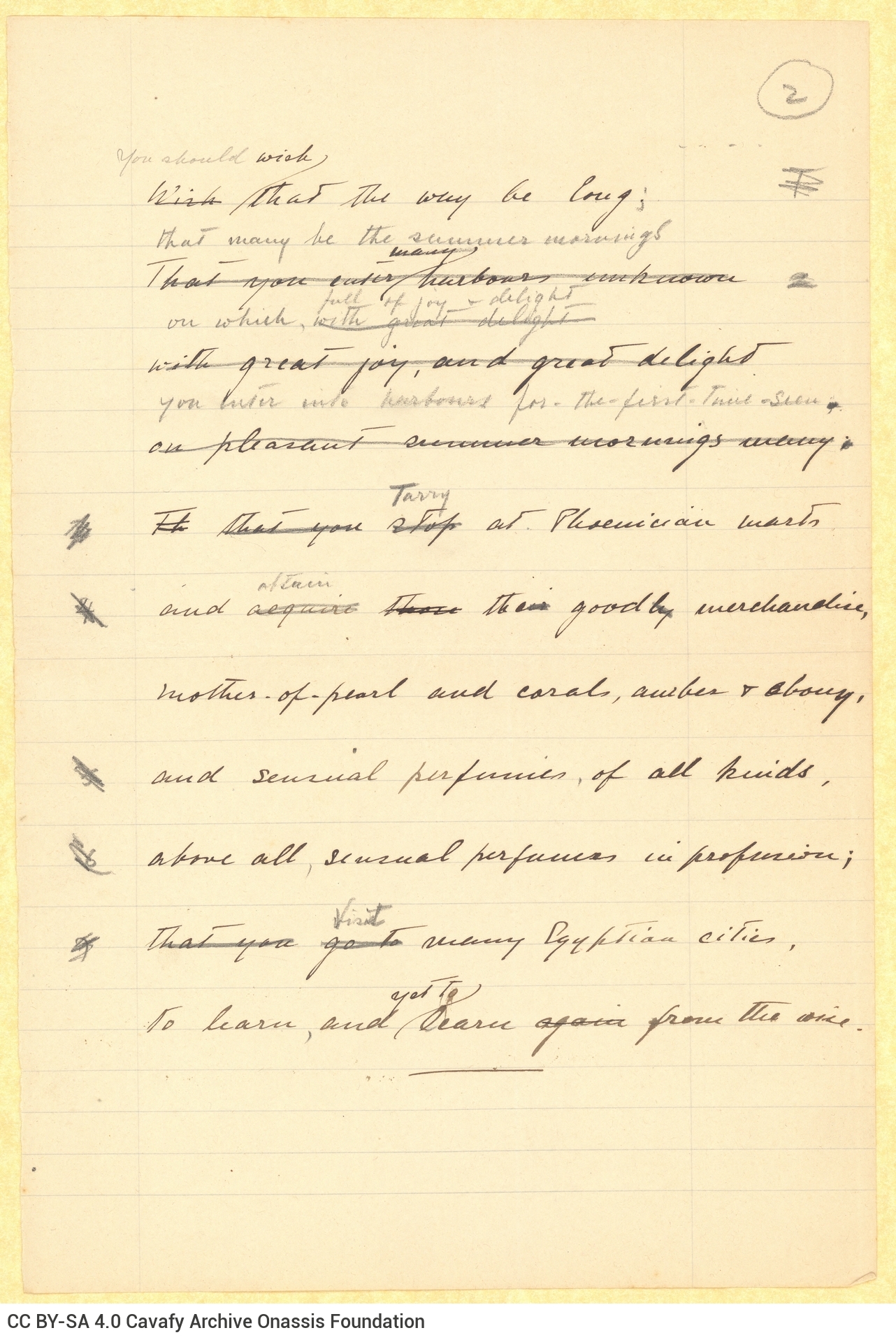 Handwritten English translation of the poem "Ithaca", by G. A. Valassopoulo on the recto of four ruled sheets, numbered at