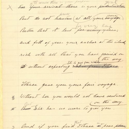Handwritten English translation of the poem "Ithaca", by G. A. Valassopoulo on the recto of four ruled sheets, numbered at