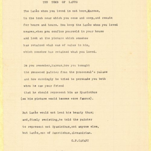 English translation of the poem "Tomb of Lanes", in five typewritten copies. One of them bears handwritten emendations and
