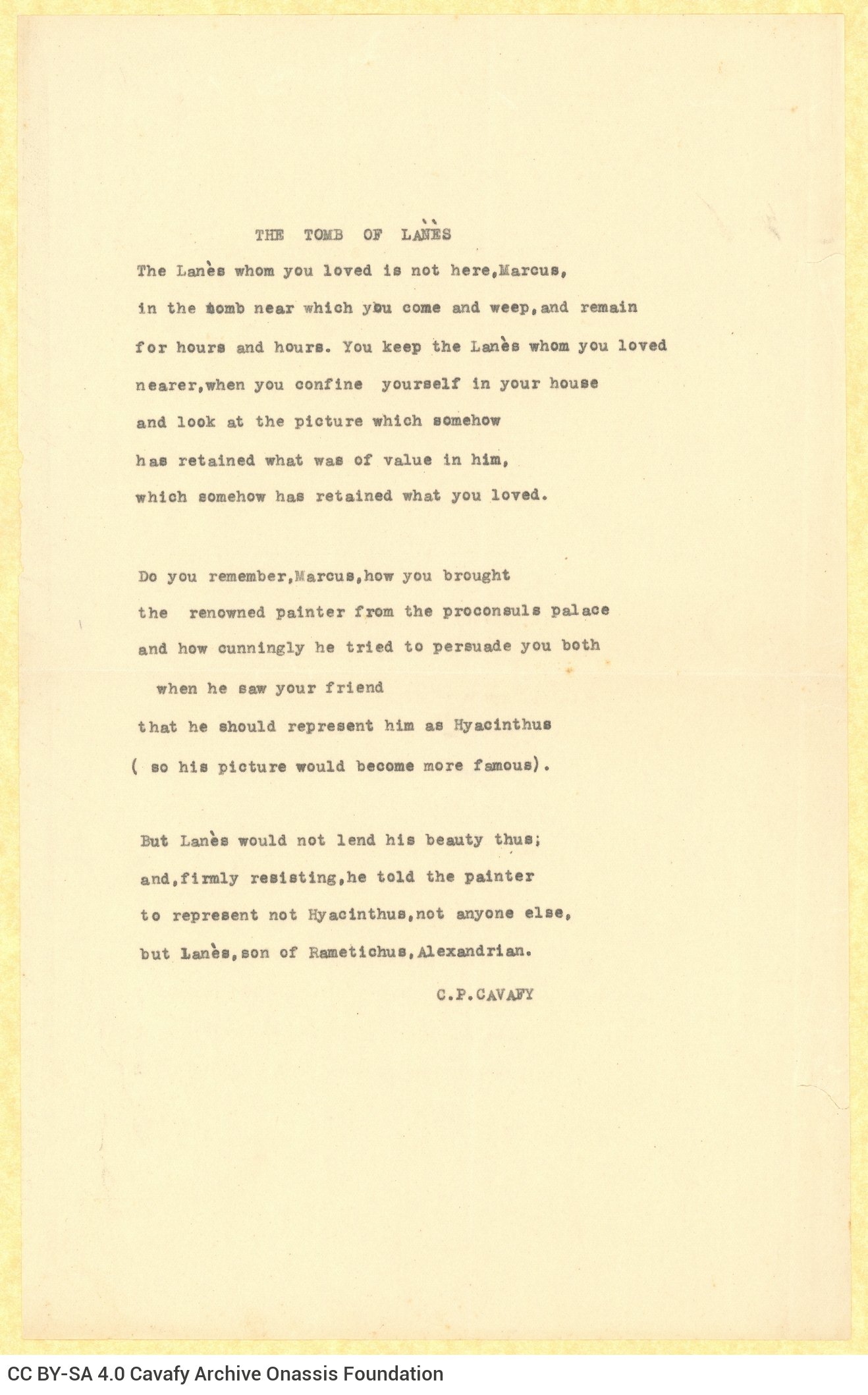 English translation of the poem "Tomb of Lanes", in five typewritten copies. One of them bears handwritten emendations and