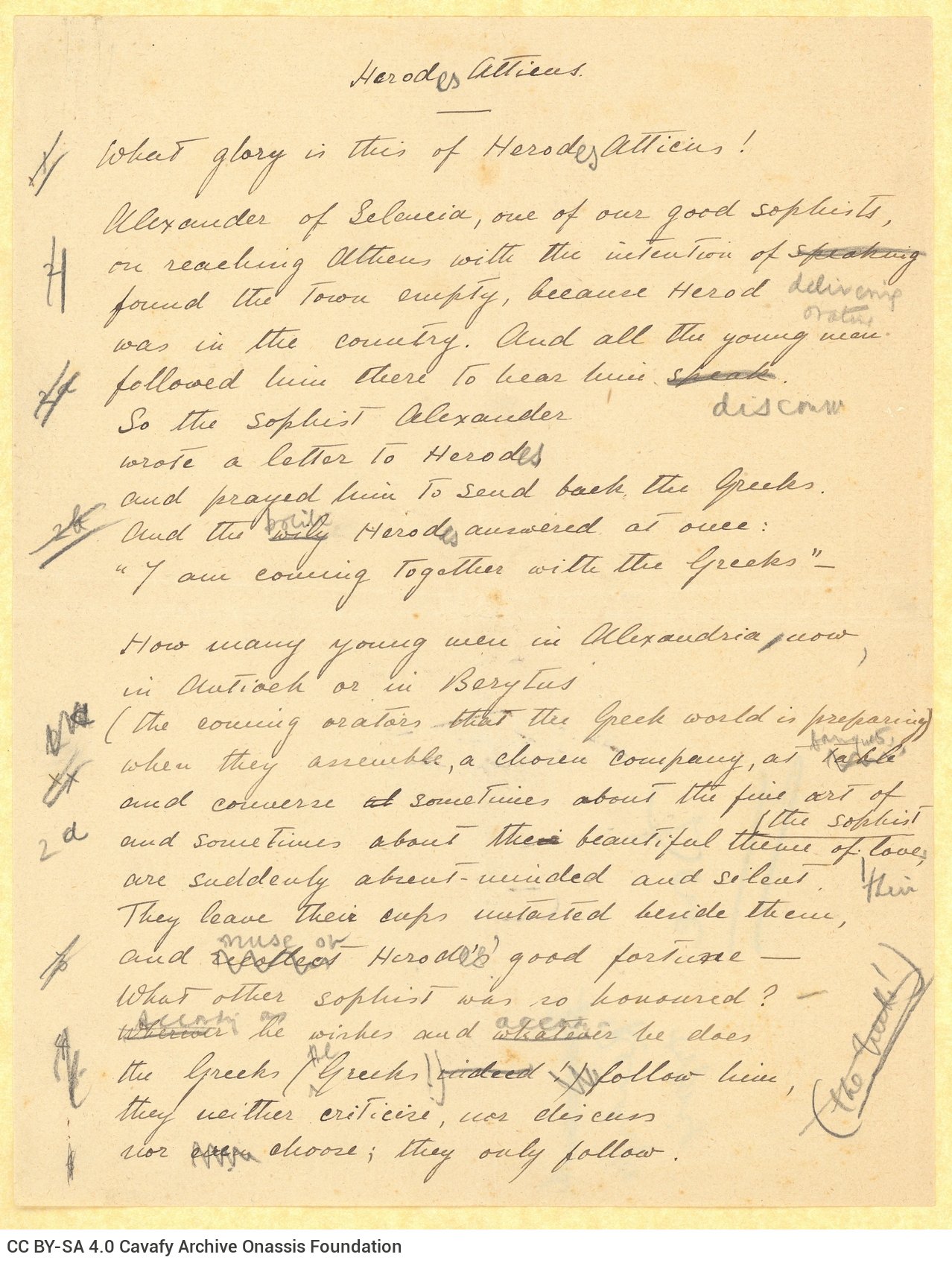 Handwritten English translation of the poem "Herodes Atiicus" by G. Valassopoulo on one side of a sheet. Handwritten notes