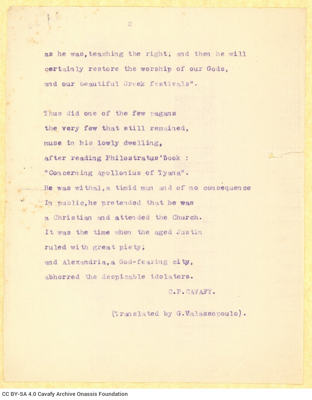 Typewritten English translation of the poem "If Indeed He Died" by G. Valassopoulo on the recto of two sheets, in three co