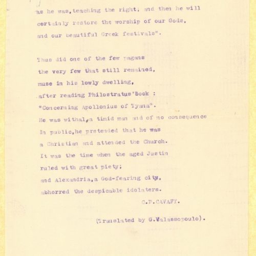 Typewritten English translation of the poem "If Indeed He Died" by G. Valassopoulo on the recto of two sheets, in three co