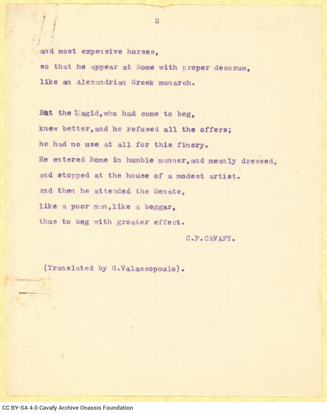 Typewritten English translation of the poem "The Seleucid's Displeasure" by G. Valassopoulo on the recto of two sheets, in