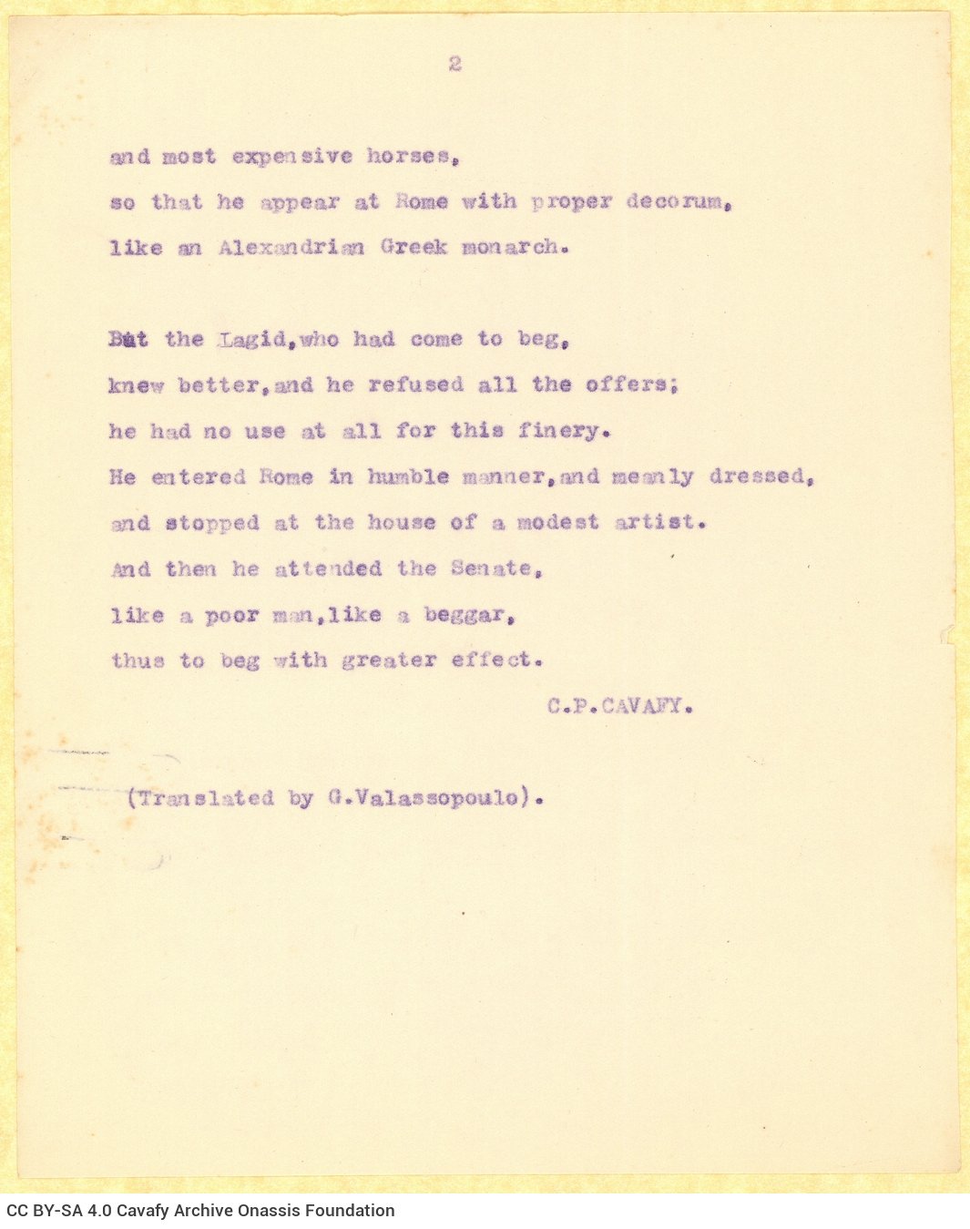Typewritten English translation of the poem "The Seleucid's Displeasure" by G. Valassopoulo on the recto of two sheets, in