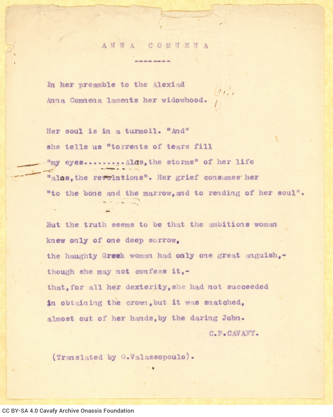 Two typewritten copies of the English translation of the poem "Anna Comnena" by G. Valassopoulo on the recto of two sheets
