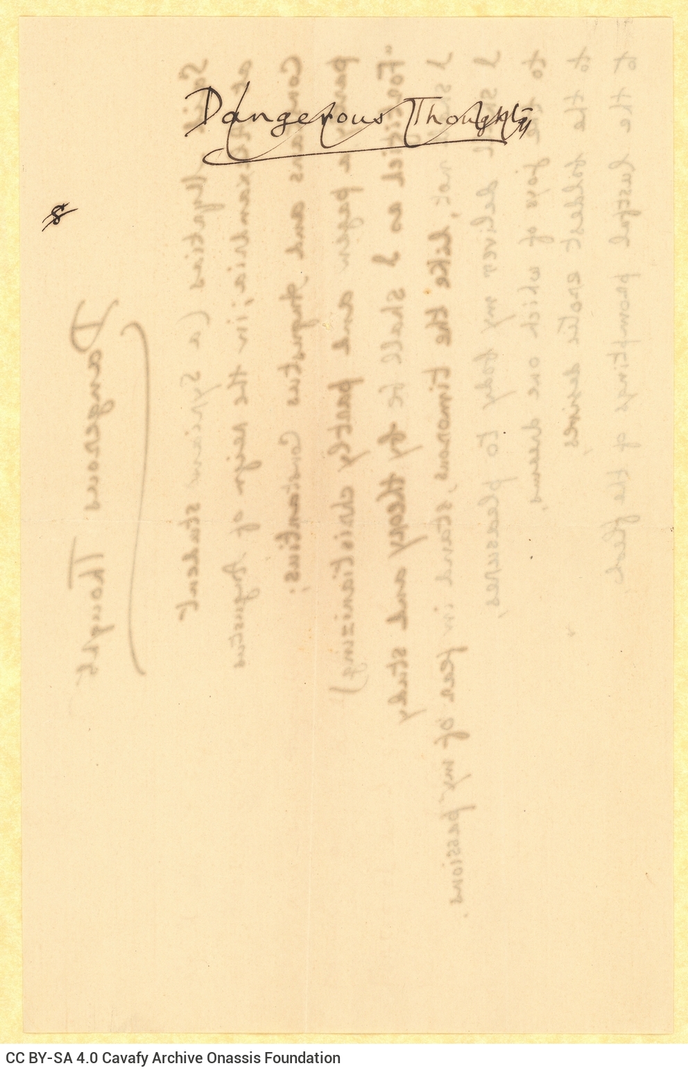 Handwritten English translation of the poem "Dangerous" by G. Valassopoulo on one side of a sheet. Cancellations and emend