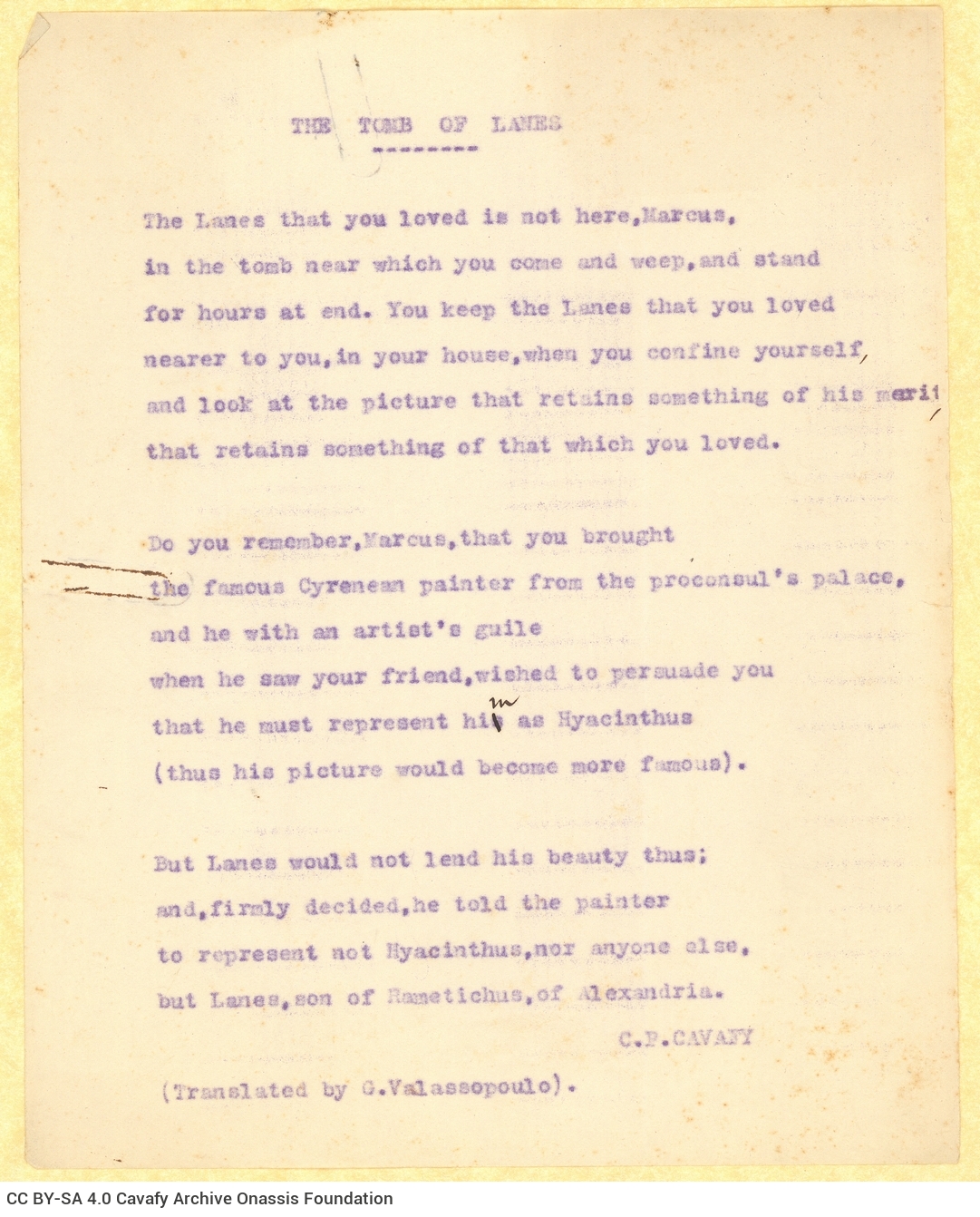 Typewritten English translation of the poem "Tomb of Lanes" by G. Valassopoulo on one side of a sheet, with handwritten em
