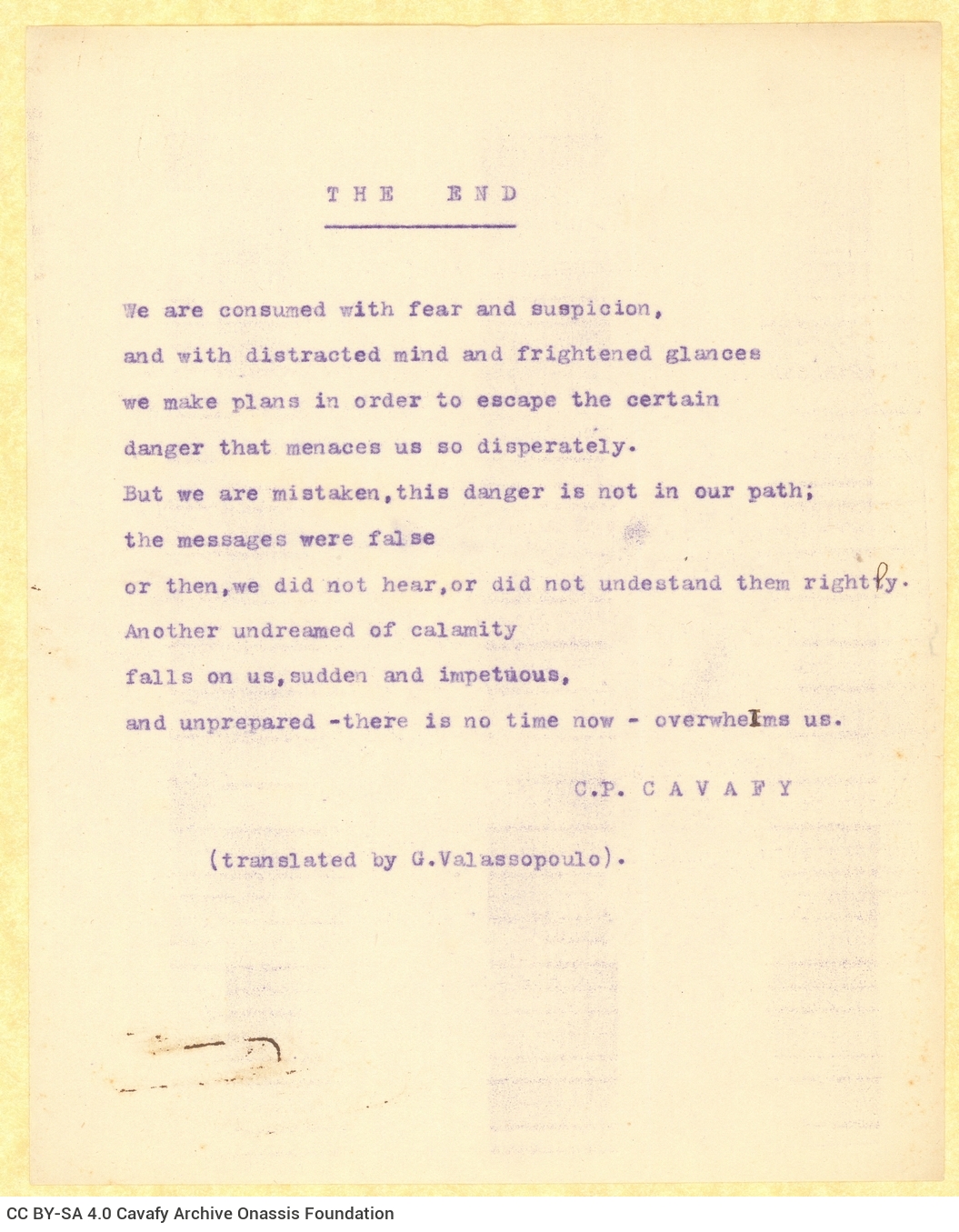 Typewritten English translation of the poem "Finished" by G. Valassopoulo on one side of a sheet; handwritten emendations.
