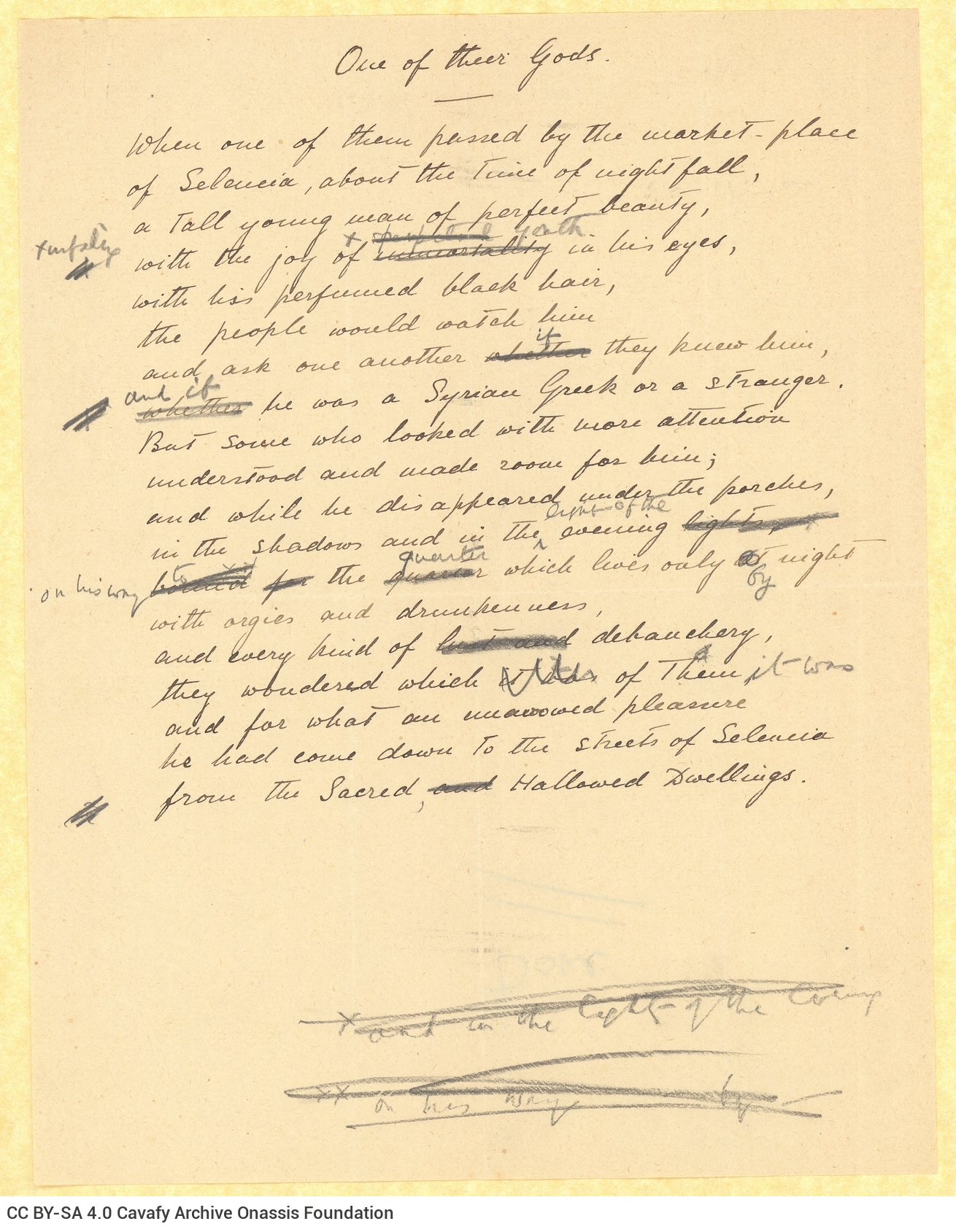 Handwritten English translation of the poem "One of Their Gods" by G. Valassopoulo on one side of a sheet. Handwritten can