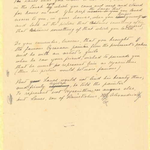 Handwritten English translation of the poem "Tomb of Lanes", by G. Valassopoulo on one side of a sheet. Cancellations and 