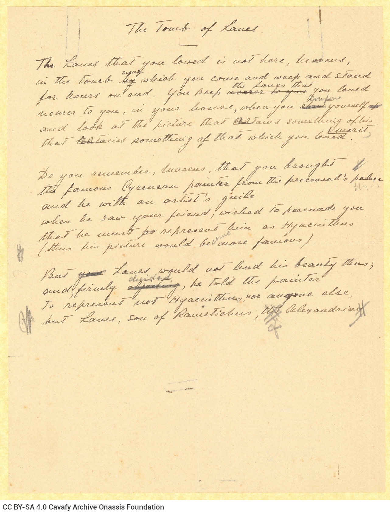 Handwritten English translation of the poem "Tomb of Lanes", by G. Valassopoulo on one side of a sheet. Cancellations and 