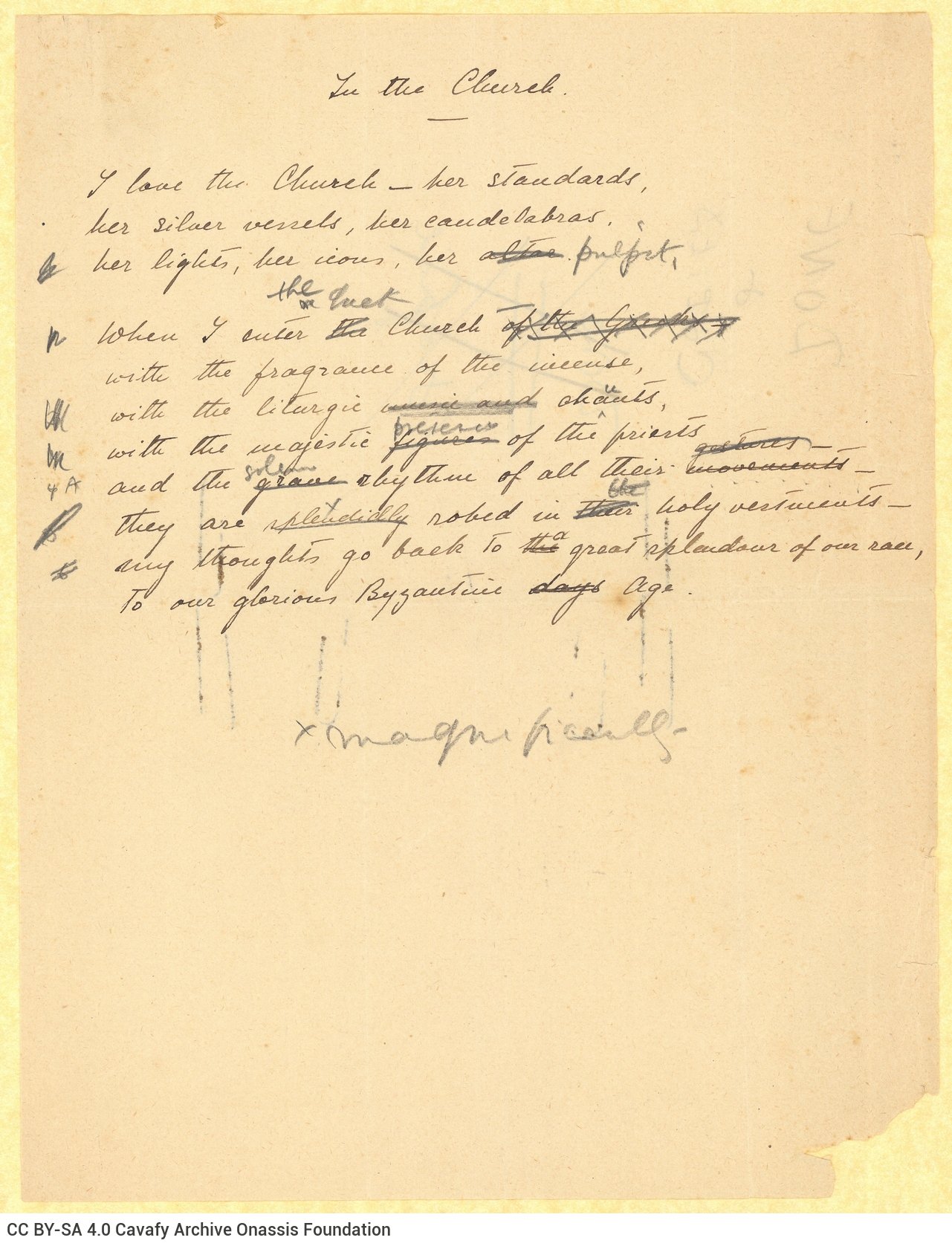 Handwritten English translation of the poem "In the Church" by G. Valassopoulo on one side of a sheet. Handwritten cancell