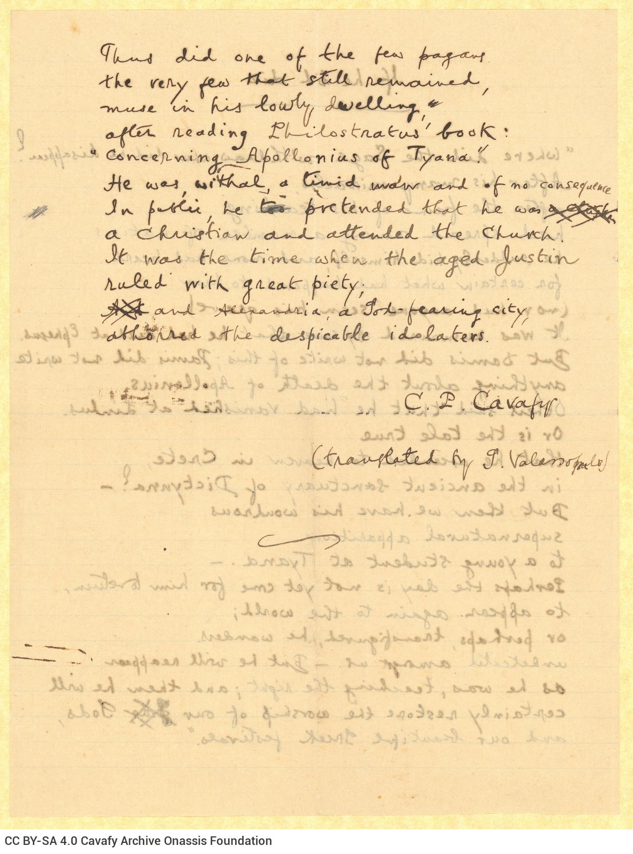 Manuscript by Cavafy with the English translation of the poem "If Indeed He Died" by G. Valassopoulo, on both sides of a r