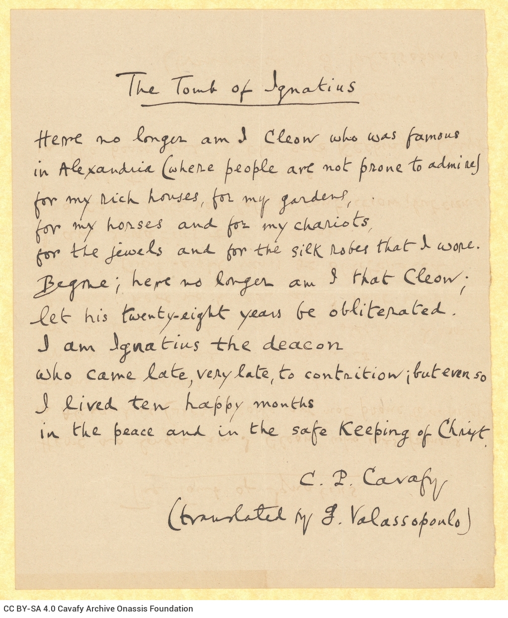 Manuscript by Cavafy with the English translation of the poem "Tomb of Ignatius" by G. Valassopoulo, on one side of a rule