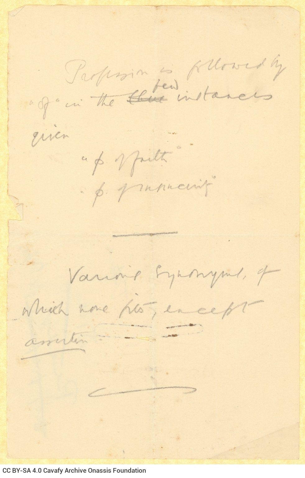 Handwritten English translation of the poem "Of the Jews (50 A.D.)" by G. Valassopoulo on one side of a sheet; handwritten