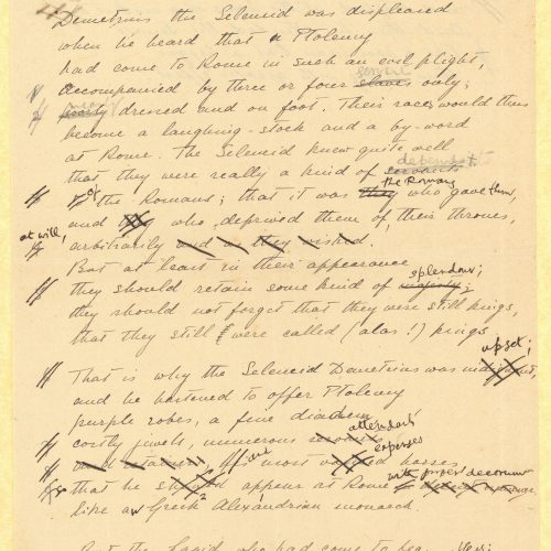 Handwritten English translation of the poem "The Seleucid's Displeasure" by G. Valassopoulo on both sides of a sheet. Manu