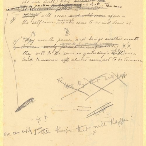 Handwritten English translation of the poem "Monotony" by G. Valassopoulo on one side of a sheet; manuscript cancellations