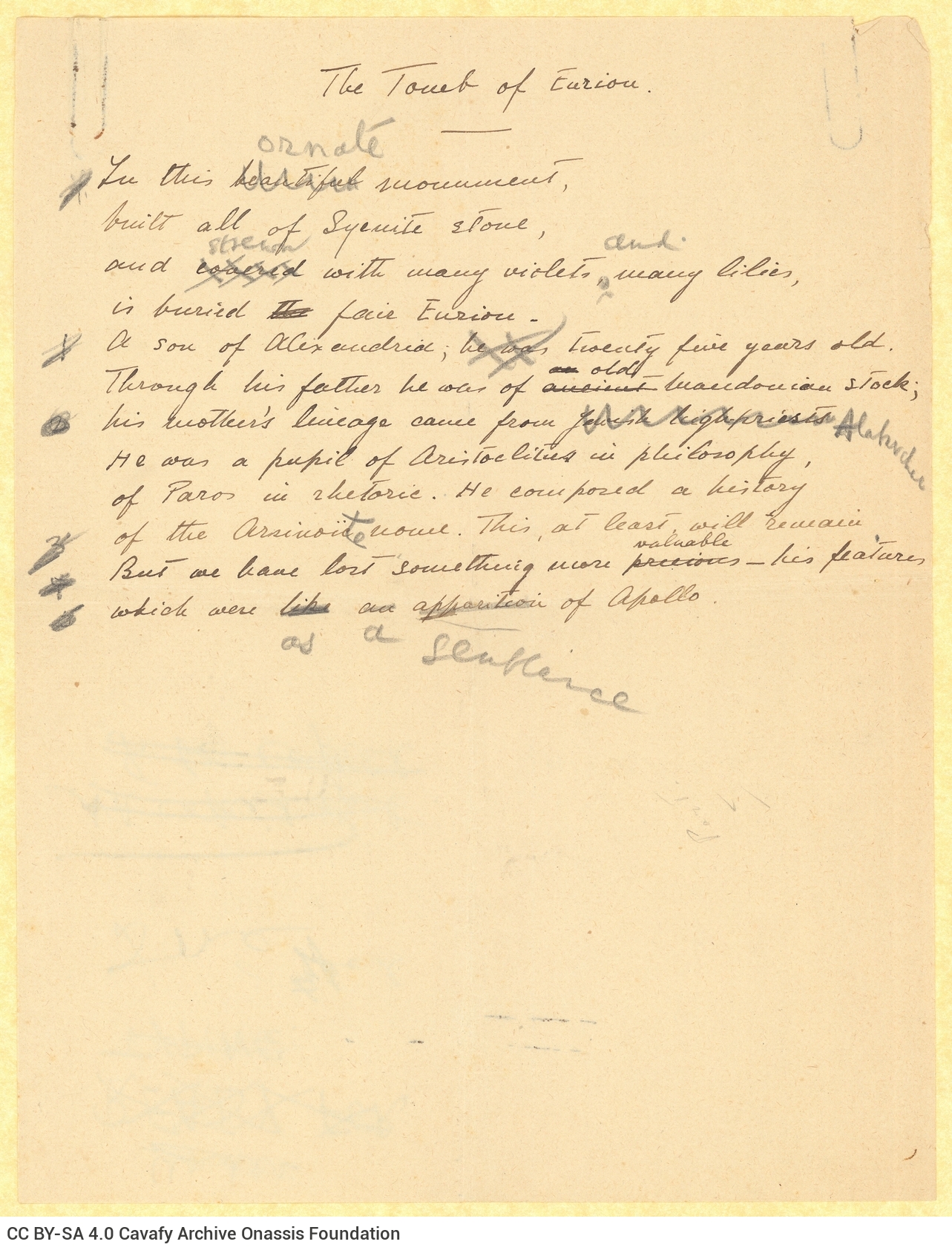 Handwritten English translation of the poem "Tomb of Eurion" by G. Valassopoulo on one side of a sheet; manuscript cancell