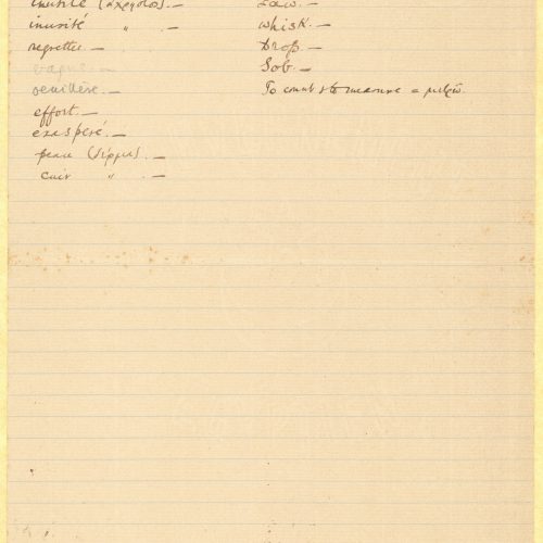 Handwritten words in two columns, on the first page of a double sheet notepaper. The remaining pages are blank. The words 