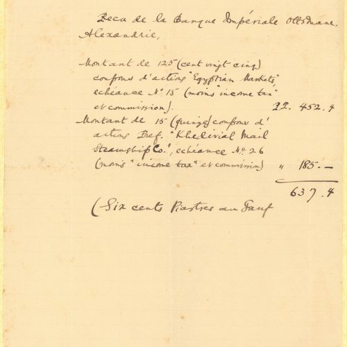 Handwritten copy of a receipt from the Ottoman Bank for the purchase of shares, on one side of a ruled sheet. Blank verso.