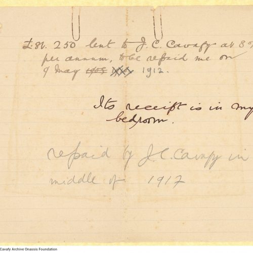 Handwritten note regarding the lending money to J. Cavafy (it is obviously the poet's brother, John), repaid in 1912 and 1