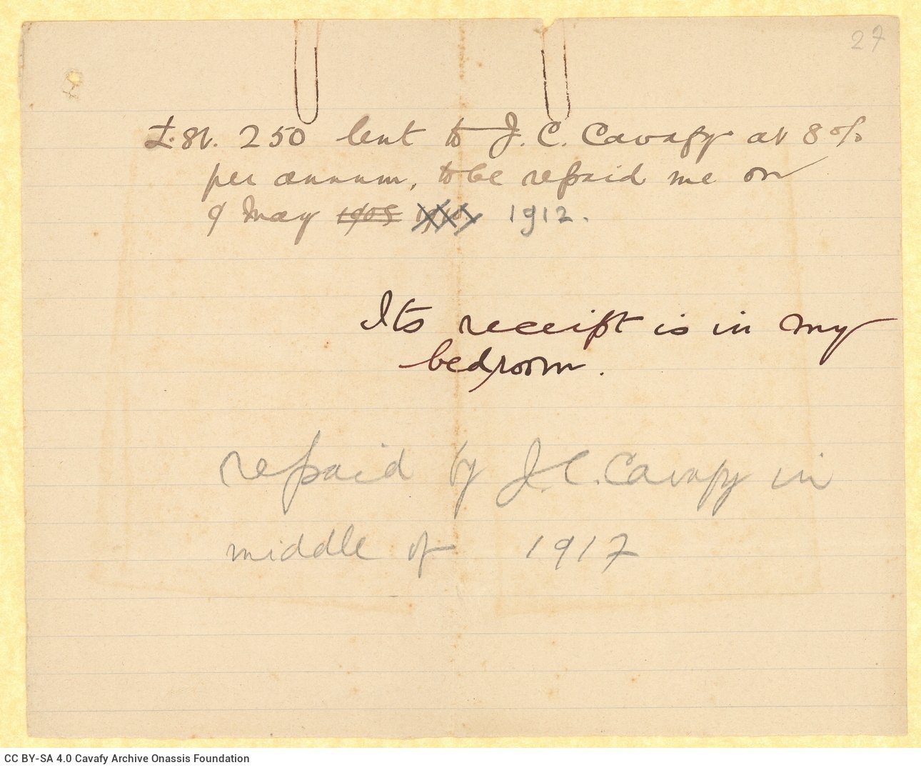 Handwritten note regarding the lending money to J. Cavafy (it is obviously the poet's brother, John), repaid in 1912 and 1