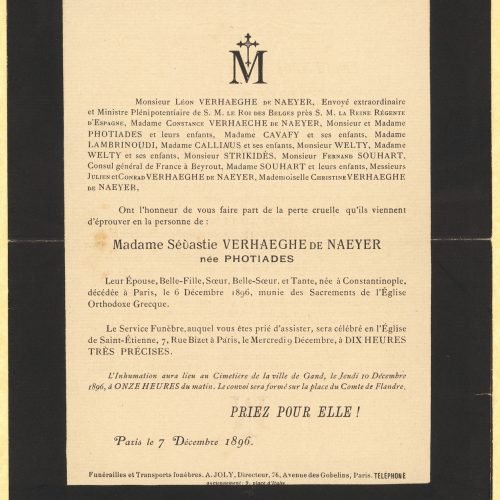 Printed announcement of the death of Sévastie Verhaeghe de Naeyer, sister of the poet's mother, on the first page of a do
